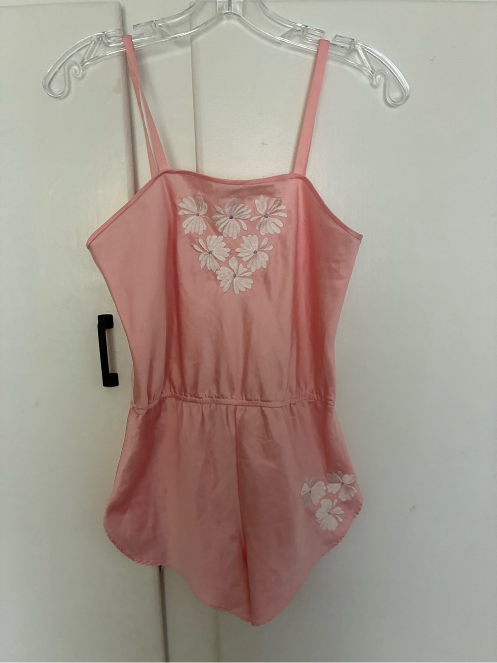 Natori Pale Pink Satin Chemise with White Floral Embroidery